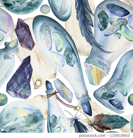 Hand drawn watercolor illustration sea witch altar objects. Glass vial bottle precious stones feathers blank tag. Seamless pattern isolated on white background. Design print, shop, magic, packaging 110910603