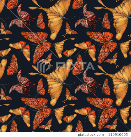 Hand drawn watercolor illustration butterfly fairy wings gem crystal insect moth. Amber garnet sunstone agate ruby. Seamless pattern isolated on dark background. Design print, shop, wedding, package 110910605