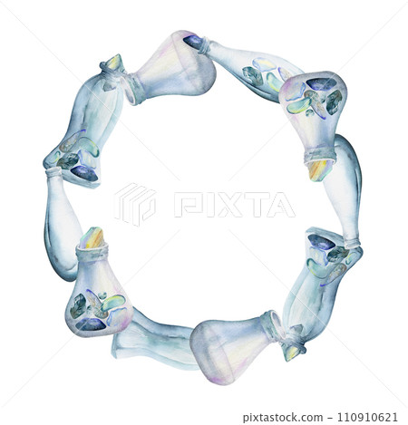Hand drawn watercolor illustration sea witch altar objects. Glass vials bottles, empty and with precious stones. Wreath frame isolated on white background. Design print, shop, magic, alchemy, medicine Hand drawn watercolor illustration sea witch altar objects. Glass vials bottles, empty and with precious stones. Wreath frame isolated on white background. Design print, shop, magic, alchemy, medicine 110910621