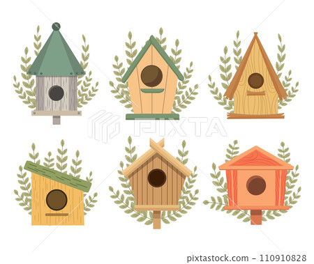 Set of cute birdhouses with branches of leaves. Spring icons in flat cartoon style. Spring holiday illustration. Vector 110910828