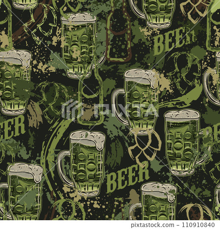Khaki green grunge camouflage pattern with beer glass, abstract paint splatter, smudges, brushstrokes, blots. Outline silhouette of bottles, hop cones. Random composition. Khaki green grunge camouflage pattern with beer glass, abstract paint splatter, smudges, brushstrokes, blots. Outline silhouette of bottles, hop cones. Random composition. 110910840