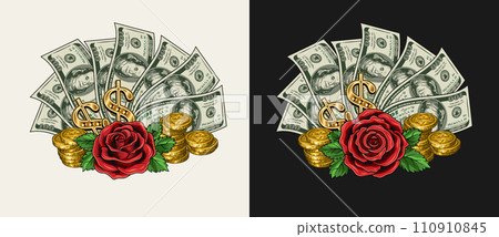 Composition with US 100 dollar bills fan, stacks of gold coins, dollar sign, red rose. Cash money. Concept of success and luck. Illustration on black, white background. 110910845