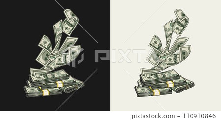 Money composition with flying away 100 dollar banknotes from stacks dollar bills. Pile of cash money. Design element in vintage style. Money composition with flying away 100 dollar banknotes from stacks dollar bills. Pile of cash money. Design element in vintage style. 110910846