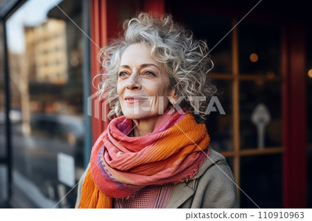 Smiling senior woman in scarf looking away while standing on city street. 110910963
