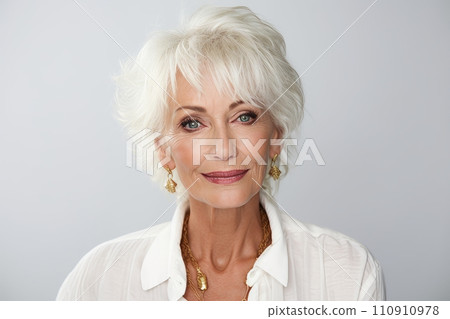 Portrait of a beautiful senior woman with white hair and freckles. 110910978