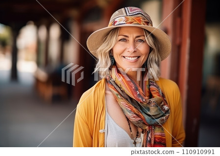 Portrait of a beautiful mature woman wearing hat and colorful scarf outdoor. Portrait of a beautiful mature woman wearing hat and colorful scarf outdoor. 110910991