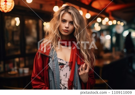 Portrait of beautiful young woman with long blond hair in red coat. 110911009