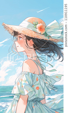 Hand drawn anime illustration of beautiful girl at the seaside 110911195