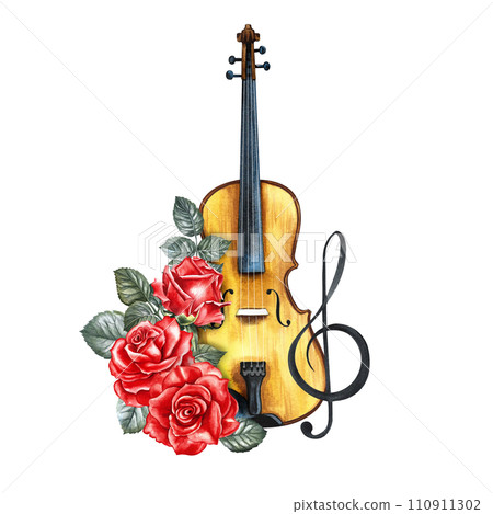A violin decorated with red roses and a treble clef. The watercolor illustration is hand-drawn. For posters, flyers and invitation cards. For banners and postcards, logos, badges, stickers and prints. A violin decorated with red roses and a treble clef. The watercolor illustration is hand-drawn. For posters, flyers and invitation cards. For banners and postcards, logos, badges, stickers and prints. 110911302