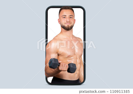 Glad sweat strong muscular millennial caucasian man with naked torso, make exercises with dumbbells 110911385