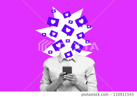 Lady using smartphone overwhelmed by social media likes, purple background Lady using smartphone overwhelmed by social media likes, purple background 110911543
