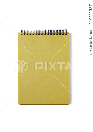 Open spiral bound notepad with craft yellow sheets, isolated on white background. 110911587