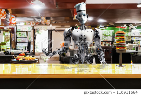 Robot burger shop, robot chef, robot cook, robot knife, food and drink, Chinese food, working robot Robot burger shop, robot chef, robot cook, robot knife, food and drink, Chinese food, working robot 110911664