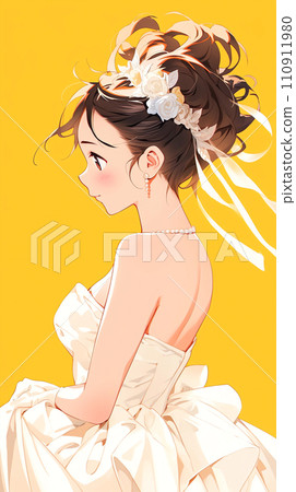 手绘动漫唯美的穿婚纱的漂亮女孩插画 110911980