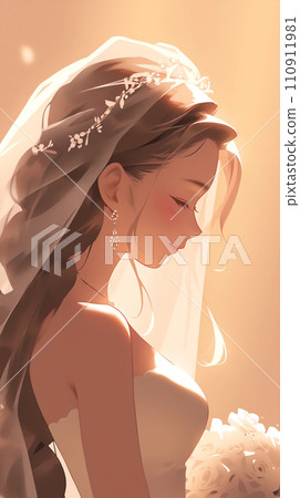 手绘动漫唯美的穿婚纱的漂亮女孩插画 110911981
