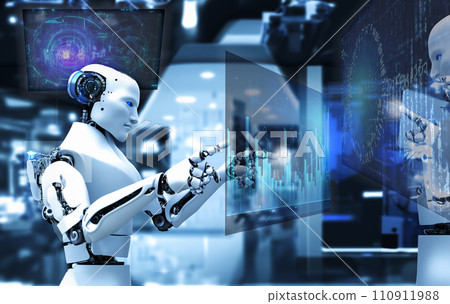 Robot operating digital display, AI-generated image, working robot, android, humanoid Robot operating digital display, AI-generated image, working robot, android, humanoid 110911988