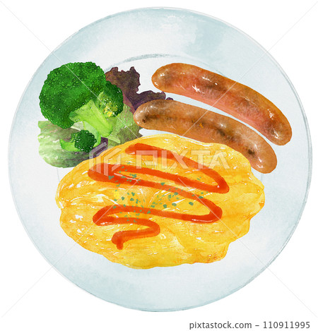 一盤炒蛋、香腸和青花菜,水彩畫 一盤炒蛋、香腸和青花菜,水彩畫 110911995