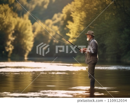 Fisherman fishing on lake or river. Picture of man doing active fishing with holding rod in hand. Stand alone in middle of river or lake. Serious concentrated guy fishing. Fisherman fishing on lake or river. Picture of man doing active fishing with holding rod in hand. Stand alone in middle of river or lake. Serious concentrated guy fishing. 110912034