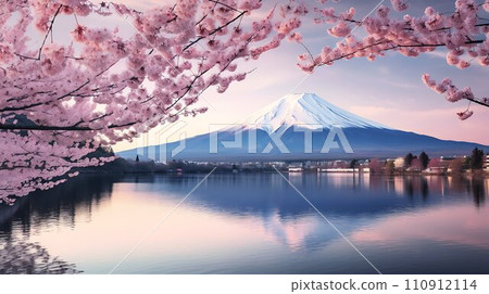 Beautiful scenery with Mt. Fuji and cherry blossoms in Japan AI generated 110912114