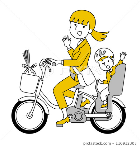 一位女商人騎自行車接送孩子 一位女商人騎自行車接送孩子 110912305