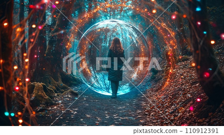 Woman walking inside of a fantasy bubble in a magic forest Woman walking inside of a fantasy bubble in a magic forest 110912391