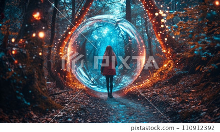 Woman walking inside of a fantasy bubble in a magic forest Woman walking inside of a fantasy bubble in a magic forest 110912392