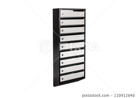 Mail boxes filled of leaflets and letters. Shallow DOF,Mailboxes and Lock in Rows at Entrance Mail boxes filled of leaflets and letters. Shallow DOF,Mailboxes and Lock in Rows at Entrance 110912848