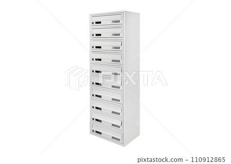Mail boxes filled of leaflets and letters. Shallow DOF,Mailboxes and Lock in Rows at Entrance 110912865