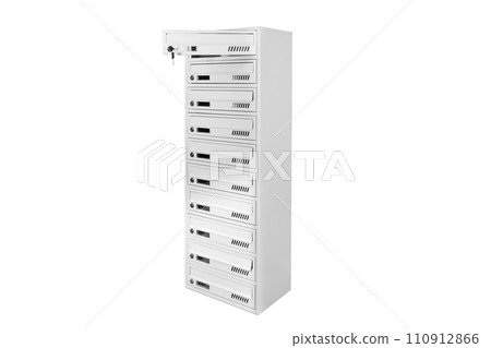 Mail boxes filled of leaflets and letters. Shallow DOF,Mailboxes and Lock in Rows at Entrance 110912866