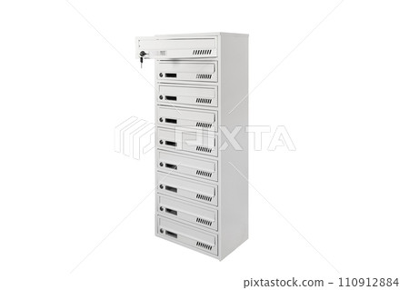 Mail boxes filled of leaflets and letters. Shallow DOF,Mailboxes and Lock in Rows at Entrance 110912884