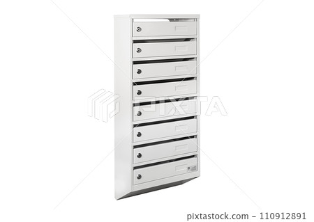 Mail boxes filled of leaflets and letters. Shallow DOF,Mailboxes and Lock in Rows at Entrance 110912891