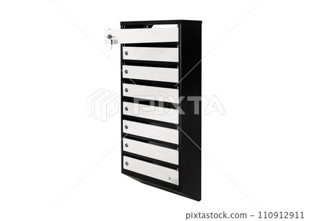 Mail boxes filled of leaflets and letters. Shallow DOF,Mailboxes and Lock in Rows at Entrance 110912911
