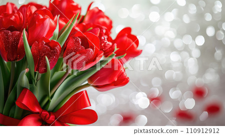 AI-generated content. Beautiful bouquet of red tulips on bokeh background. Ai generation. 110912912