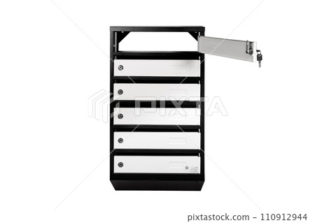 Mail boxes filled of leaflets and letters. Shallow DOF,Mailboxes and Lock in Rows at Entrance 110912944