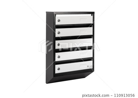 Mail boxes filled of leaflets and letters. Shallow DOF,Mailboxes and Lock in Rows at Entrance 110913056