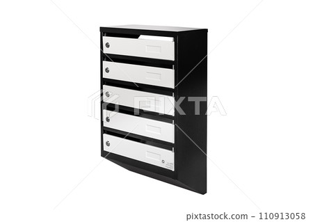 Mail boxes filled of leaflets and letters. Shallow DOF,Mailboxes and Lock in Rows at Entrance 110913058