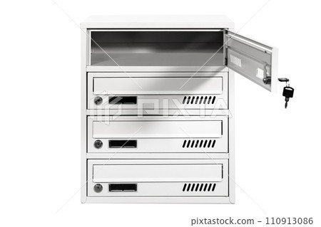 Mail boxes filled of leaflets and letters. Shallow DOF,Mailboxes and Lock in Rows at Entrance Mail boxes filled of leaflets and letters. Shallow DOF,Mailboxes and Lock in Rows at Entrance 110913086