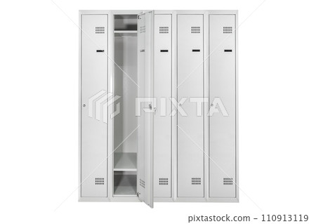 White lockers with silver numbers in bright interior. Change room metal box row 110913119
