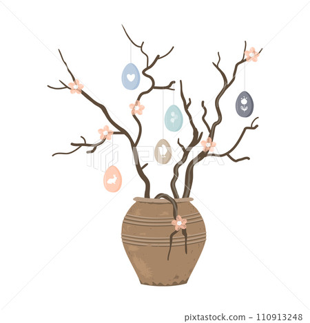 Ceramic clay vase and spring twigs with flowers and Easter eggs isolated on white background. Springtime interior decoration. Vector illustration 110913248
