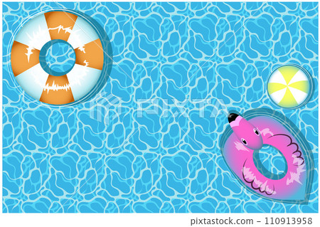 illustration with inflatables rings, flamingo and ball 110913958