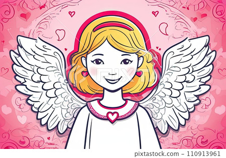 Illustration of greeting card white, cute, funny baby cupid angel with gold curly hair on pastel colors background. Promotion, shopping template for love and valentines, mothers day concept. Flat lay. 110913961