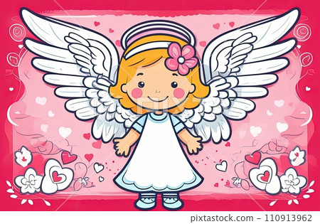 Illustration of greeting card white, cute, funny baby cupid angel with gold curly hair on pastel colors background. Promotion, shopping template for love and valentines, mothers day concept. Flat lay. 110913962
