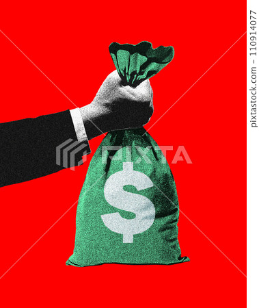 Businessman holding box filled with money on red background. Investment for business development. Contemporary art collage. 110914077
