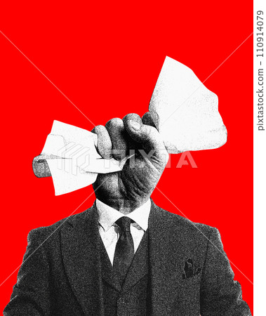 Man in suit with crumpling paper on red background. Rejection of ideas, investments of project. Contemporary art collage. 110914079