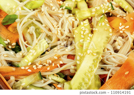 Chinese salad with enoki mushrooms, macro. Chinese salad with enoki mushrooms, macro. 110914191