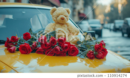 Teddy Bear and Roses on a car roof Teddy Bear and Roses on a car roof 110914274
