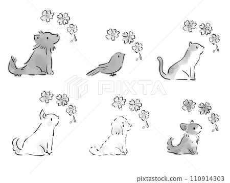 櫻花與側身寵物插畫 櫻花與側身寵物插畫 110914303