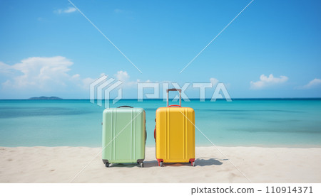 Travel suitcases on a beach with sea background with copy space. 110914371