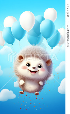 Illustration, image of a hedgehog with balloons. Birthday card illustration. 110914372