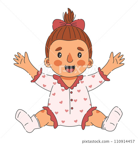 Baby girl cute and cheerful, sits with her hands raised and laughs Baby girl cute and cheerful, sits with her hands raised and laughs 110914457